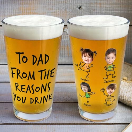 Drawelry Personalised Beer Mug with Photo, 16oz/20oz Custom Engraved Pint Glass, Father's Day Birthday Gift for Men Dad Grandpa Large Capacity Drinking Cup with Name Image (Cute Style)