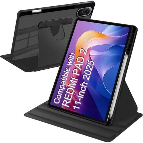 A-BEAUTY Funda Giratoria para Xiaomi Redmi Pad 2 11 Pulgadas 2025 Negro | con Portalápiz, Soporte Giratorio de 360° Cubierta Trasera Transparente, Auto-Sueño/Estela