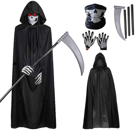 GUOYOU 4 Piezas Disfraz Halloween Hombre Disfraz de Halloween Fantasma con máscara de Calavera Guantes Guadaña Largo Capa con Capucha para Halloweens Fiesta Carnival Costume Cosplay