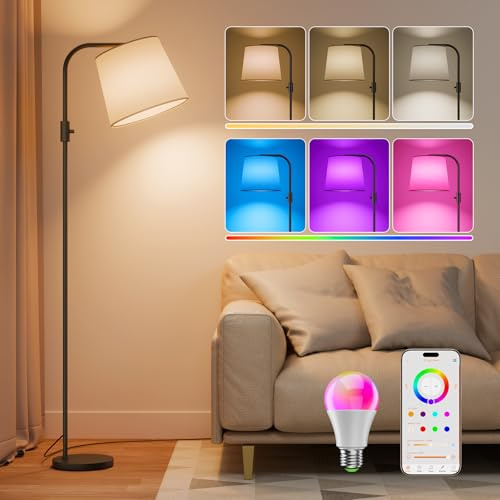 DUSKTEC Smart Floor Lamp RGB Alexa 10W 1200LM for Living Room, Arc Standing Lamp Coloured, Dimmable Standard Lamps, Mood Lighting for Bedroom APP Controlled, Reading Floor Light Bulb Included