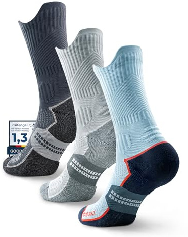 Juclise Calcetines de Compresión Running, Acolchados para Senderismo y Entrenamiento Deportivo (FR/ES, Números, 42, 47, Regular, Regular, Carbón Jaspeado + Acero Jaspeado + Azul Dinámico/Azul Real)