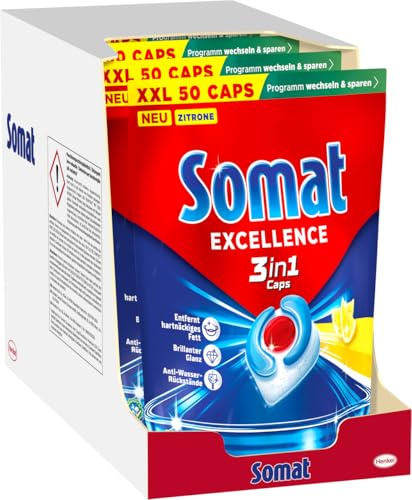 SOMAT Excellence 3in1 Caps Zitrone (4 x 50 Caps) – schnellauflösende Spülmaschinen-Caps mit Zitronenfrische, gegen hartnäckiges Fett, Niedrigtemperatur-, Kurz- & Eco-Programm, für brillanten Glanz
