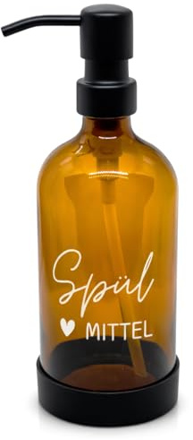 BoBoU 1er Set Glas Seifenspender Braunglas 500ml Retro Design Braune transparente Glasflasche Pumpenkopf aus Edelstahl mit Gummischutzring handgeschriebener Text Spülmittelspender Küche Bad