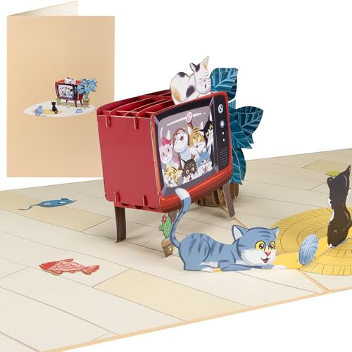 Sweetpopup® Pop-Up Karte Katzen & Fernseher – 3D Klappkarte für Glückwunsch, Geburtstag & Weihnachten – Auch ideal als Gutschein & Geldgeschenk zum Ruhestand oder Einzug / 116