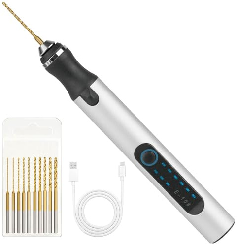 Ainiv 3-Speed Electric Mini Drill Pen, USB Charging DIY Electric Hand Drill, with 10 Small Drill Bits, Micro Drill Set, for Wood Resin Plastic Keychain Pendant Earring Jewelry Making, Silver