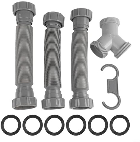 Entgoinggo Tuyau d'évacuation flexible, kit de vidange double évier avec 3 tuyaux de vidange P-Siphon, joints en silicone et connecteur pour la prévention des fuites pour la plomberie