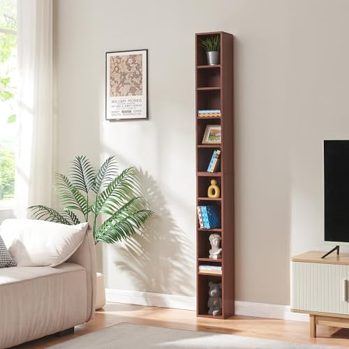 [en.casa] Tour CD Étagère DVD Meuble de Rangement avec 10 Surfaces de Stockage Réglable en Hauteur pour Livres Décoration Salon Chambre Panneau de Particules 187 x 20 x 17 cm Effet Noyer