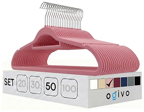 OGIVO Kleiderbügel Samt 50er Set (Hellrosa) 360° drehbarer Haken rutschfest | Hangers Clothes, Krawattenhalter, Schulterkerben, Hosenbügel, 360° drehbarer Haken, rutschfest