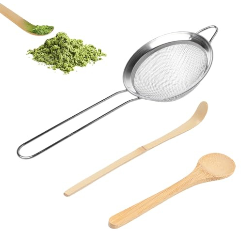 ZETKUS Te Matcha Kit de 3 Piezas, Matcha Set con Batidor de Bambú, Cuchara y Tamiz de Acero Inoxidable 20cm, Accesorios para Ceremonia y Preparación de Té Matcha Tradicional