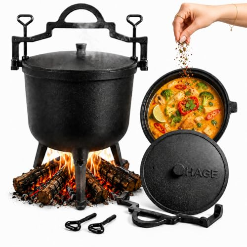 HAGE Marmite à goulasch en fonte 8 l avec couvercle et pieds pour feu de camp, barbecue, camping, cocotte hongroise pour ragoût, soupe, viande et barbecue