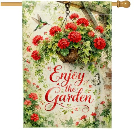 Drapeau à suspendre pour maison, jardin, géraniums floraux, colibri, en toile de jute rouge, double face, drapeaux décoratifs pour extérieur, terrasse, cour, pelouse, entrée, balcon, 71 x 101 cm