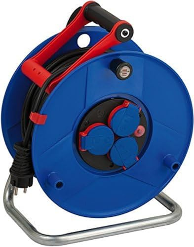 Brennenstuhl Garant enrollacables con cable BREMAXX® de 25m y 3 tomas de corriente (para exteriores, IP44, termostato, Made in Germany) azul