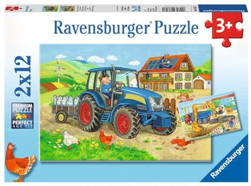 Ravensburger Kinderpuzzle - 07616 Baustelle und Bauernhof - Puzzle für Kinder ab 3 Jahren, mit 2x12 Teilen