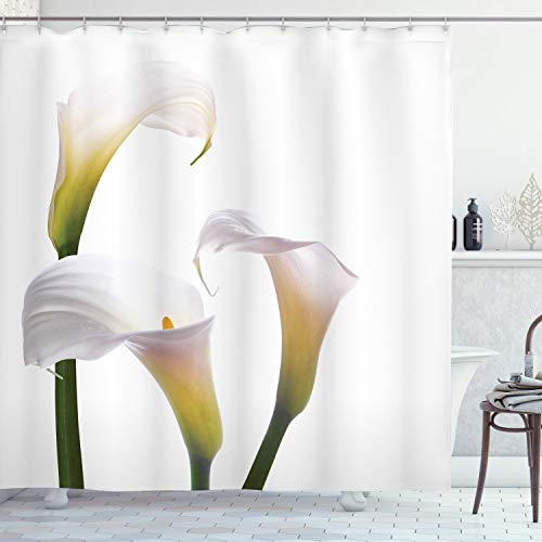 ABAKUHAUS Blume Schmaler Duschvorhang, Calla-Lilien Romantische, Badezimmer Deko Set aus Stoff mit Haken, 120 x 180 cm, Grün Weiß Gelb