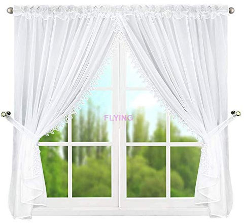 FKL DESIGN Home Deco Schöne Fertiggardine Weiss Fenstergardine Gardinen Wohnzimmer aus Voile mit Faltenband Gardinen Kräuselband Store Kurz Modern Fenster Weiß Gipüre LB-11-B (145 x 400 cm)