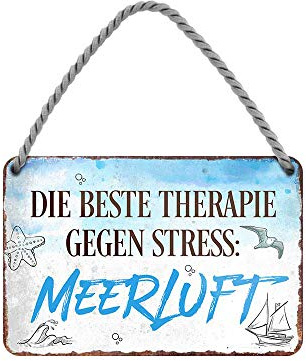 Die Beste Therapie gegen Stress Meerluft - Hängeschild mit Kordel und Saugnapf - Maritime Deko für Strandkorb Badezimmer Garten Balkon Terrasse Eingang Lieblingsplatz Boot - Geschenkidee - 18x12cm