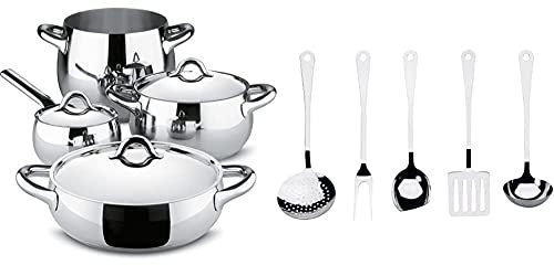 Alessi sg100s7 Mami Set Pentole, Acciaio Inox, Argento, 24 cm & AJM19S5 L Set di Mestoli da Cucina di Design in Acciaio Inossidabile 18/10, 5 Pezzi