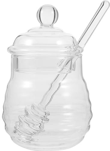 Cabilock Honigglas mit Schöpflöffel und Deckel: 250ML Glas Honigtopf Kristall Honigspender Honigbehälter mit Schöpflöffel Honigglas zum Aufbewahren und Dosieren von Honig