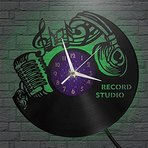 Recording studio equipment theme Vinyl Record vintage Wall Clock for Kitchen(P,with LED)(P,with LED)