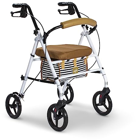 Medline Foldable Steel Rollator with Microban* Protection, 8 Wheels, Comfortable Seat, 300 lbs, Weight Capacity, White