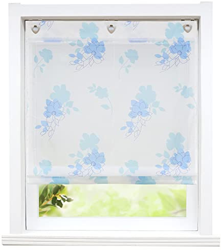 ESLIR Raffrollo ohne Bohren Raffgardinen mit Ösen Voile Gardinen mit U-Haken Transparent Ösenrollo Modern Vorhänge mit Blumen Muster Blau BxH 100x140 cm Stück