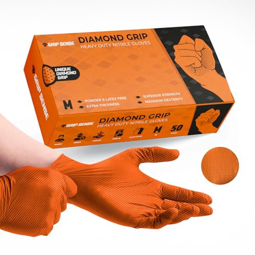 GripSense Gants Nitrile (Pack de 50) - Orange Diamant Haute Densité - Sans Latex ni Poudre en Nitrile Orange M - Mécanicien Extra Épais et Super Forts - Dextérité Max L5