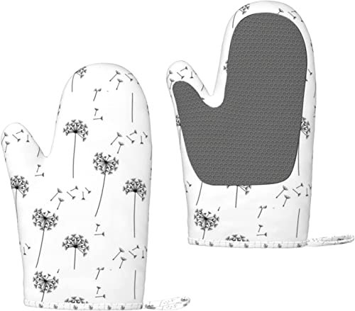Ofenhandschuhe Schwarz Weiß Blowing Löwenzahn Silikon Ofenhandschuhe Anti-Rutsch-Kochhandschuhe, Hitzebeständige Backhandschuhe EIN Paar