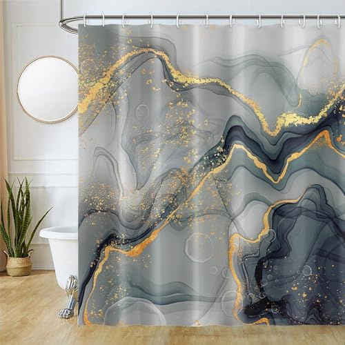 Uiiooazy Tenda Doccia Antimuffa, Tenda da Doccia 180x180cm Verde Scuro Effetto Marmo Grigio Acquerello Tende da Bagno Tessuto Lavabile Impermeabile Poliestere Tende per Vasca da Bagno con 12 Anelli
