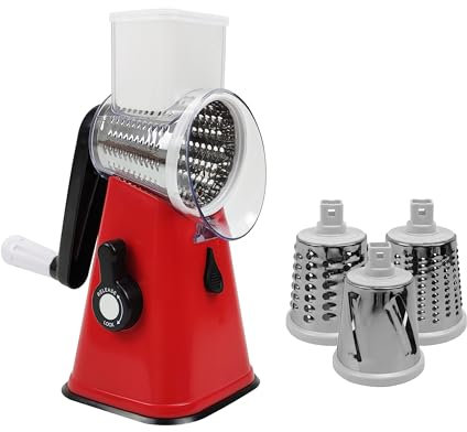 AMOS Rotary Multifunction Cheese Grater, Vegetable Fruit Slicer with Three Stainless Steel Drum Blades Red