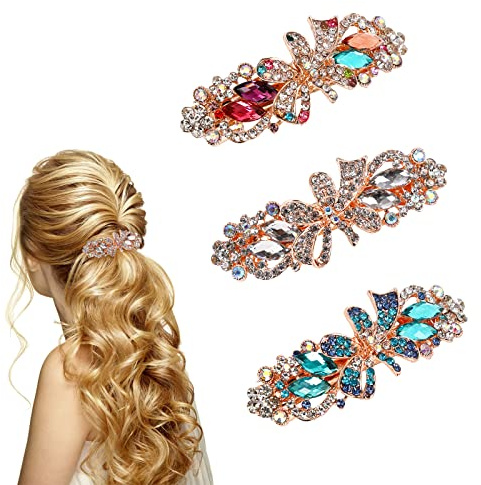 3 Stück Haarspangen für Frauen Mädchen,Französische Vintage Braut Haar Accessoire,Kristall Strass Haarspangen,Elegante Metall Haarnadeln Blume für Damen Dickes Haar Haarschmuck Muttertagsgeschenke