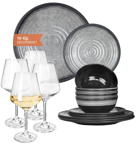 Vajilla de melamina para camping, 4 personas, color gris piedra + 4 copas de vino blanco Milano