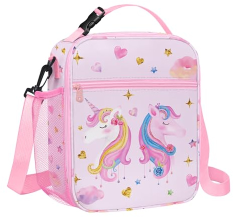 Clastyle Unicorn Insulated Lunch Bag Large Thermal Cooler Bag for Girl Picnic Lunch Box Tote, Pink Unicorn Heart