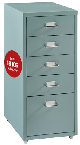 [en.casa] Rollcontainer Kökar Schubladenschrank Metall Aktenschrank mit 5 Schubladen Bürowagen mit Rollen für Arbeitszimmer 69 x 28 x 41 cm Mintgrün