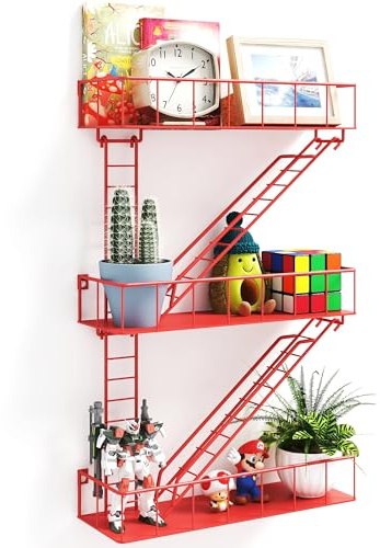 LUPWNEKA Rotes Metall-Feuerflucht-Wandregal, einzigartige dekorative Regale, New York Regal, Leiter, Aufbewahrung, Funky Knick Knack Organizer, industrielle Wandregale