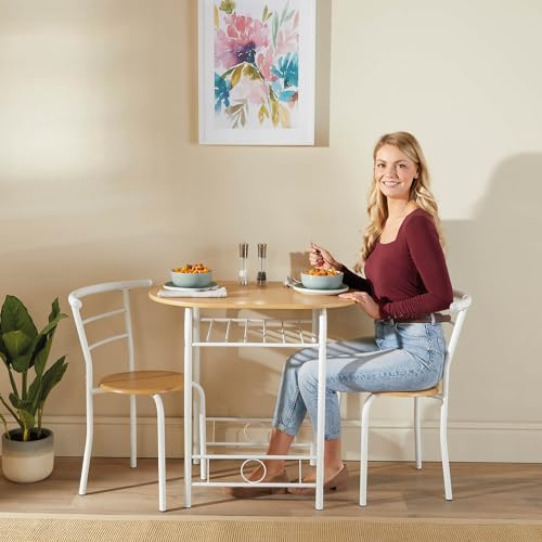 Coopers of Stortford - 3 Piece Compact Dining Set with Table and 2 Chairs - Cream Powder Coated Steel Frames with Wood Top and Slatted Shelf