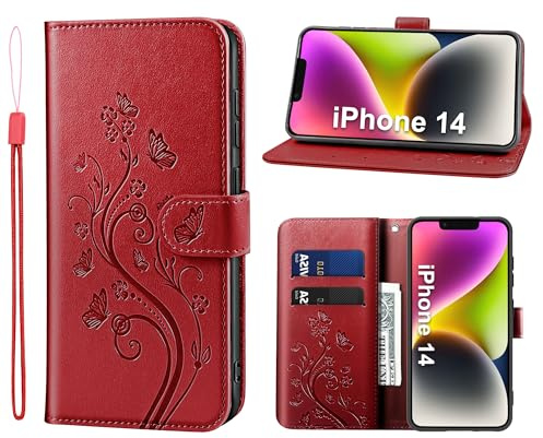 KRAFTCARE Lederhülle kompatibel mit iPhone 14 Hülle, Flip Wallet Handyhülle mit Kartenfach Ständer Premium PU Leder Klapphülle Schutzhülle für iPhone 14, Rot | Premium PU Leder mit Prägung, Kartenfach, Ständer, Magnetic Closure, RFID Blockierung, Flip Wallet Handyhülle, Rot
