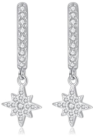 Bewenda Creolen Ohrringe Hängend, 925 Sterling Silber Creolen Ohrhänger | Weißgold, Zirkonia, Stern, Hypoallergen, Zierlich, Schlafen, Ohrschmuck, für Damen Frauen Mädchen, Allergenfrei, Geschenk
