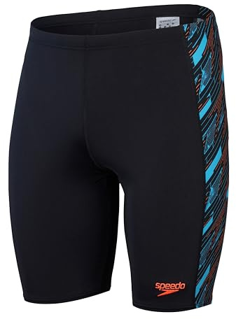 Speedo Jammer Hyperboom Panel, Allenamento di Nuoto, Fitness, Resistenza al Cloro Jammer per Uomo, Nero/Blu Picton/Rosso Sirena, 28