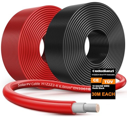 Oududianzi Solarkabel 6mm2 30m, Solarkabel Verlängerung 10/15/20/30/50m, Photovoltaik Kabel, PV Kabel 6mm2, PV Verlängerungskabel für Solarpanel, Wechselrichter und Laderegler (6mm2 2x30m)