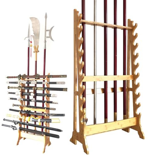 LSRFXF Vertikaler Kampfkunst-Schwertständer aus massivem Holz, 10/12 stöckige Waffenausstellungs-Waffenregale, Kleiderbügel zur Aufbewahrung verschiedener Schwerter und Langwaffen