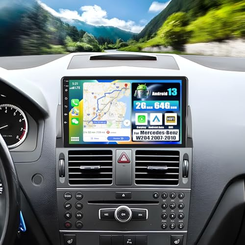 SIXWIN 2G+64G Android 13 Carplay Android Auto Autoradio mit HiFi Sound für Mercedes Benz C-Class W204 2007-2010, 9'' 1080P Touchscreen mit GPS WiFi BT USB FM RDS Radio+AHD Rückfahrkamera