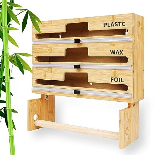 ITETONE Tin Foil Dispenser and Cutter,4 in 1 Bamboo Wooden Cling Film Dispenser with Cutter and Paper Towel Holder for Wax Paper, Parchment Paper, for Kitchen Cabinet, Smooth Separation