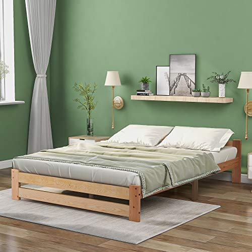 Jovify Massivholzbett 140x200 cm, Futonbett Doppelbett Holzbett Massivholz Natur Bett aus Kiefernholz, Stabiler Bettrahmen Jugendbett Bettgestell mit Kopfteil und Lattenrost, ohne Matratze, Natur