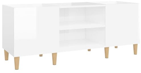 SDWEHO7 Plattenschrank mit 2 Schränken und 2 offenen Fächern, Schallplatten Aufbewahrung Regal, Schallplattenschränke, Schallplattenregal, Hochglanz-Weiß 121x38x48 cm