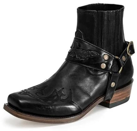 LMUIPMAA Botas Vaqueras Occidentales para Hombre Cuero De PU Punta Cuadrada Botines De Tacón Bloque Botas Ecuestres De Montar,Negro,40 EU