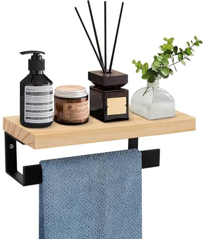 Winmien Hand Towel Holder/Towel Ring with Wooden Shelf, Premium Metal Hand Towel Rack, Hand Towel Hanger for Bathroom, Bath Accessories Wall Mounted (Matte Black, 9 Inch)