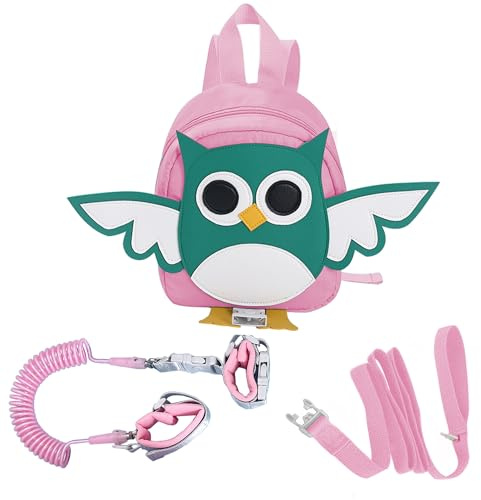 Toddler Safety Harness Backpack with Rein Baby Walking Leash Anti-Lost Safety Wrist Cuff with Lock 1.5m Children Walking Backpack-Owl-Pink