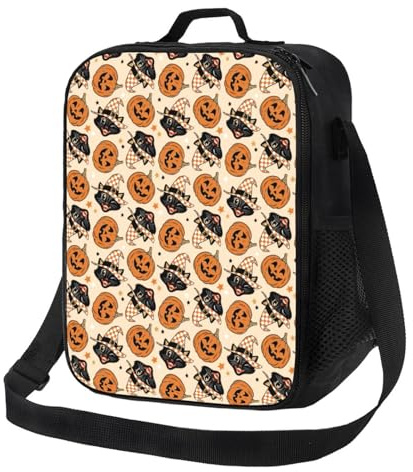 Loncheras aisladas para mujeres y hombres, trabajo, gato, calabaza, Halloween, lonchera para adultos para mujeres y hombres, bolsa térmica ligera aislada, pequeña bolsa de almuerzo con correa