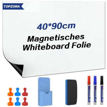 Topzora Magnetisches Whiteboard,40 * 90cm Whiteboard Folie Magnetisch,Magnetfolie Selbstklebend Weiß mit 3 Whiteboard marker & Whiteboard Schwamm & Magnetes für Schule Büro Haus