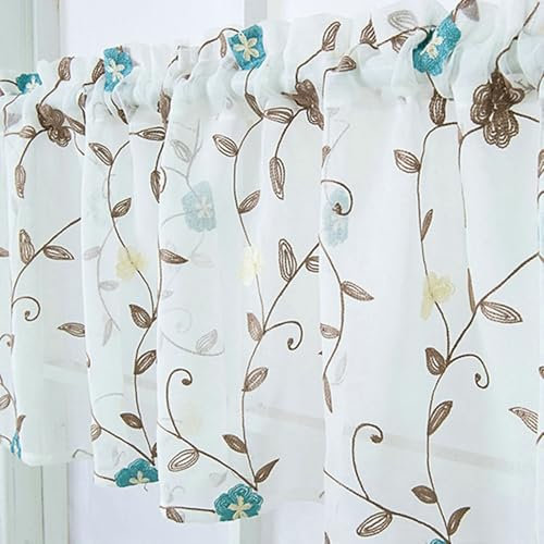 Homxi Küchengardinen Modern 1er Set,1 x 137W x 61H cm,Blau Braun Vorhänge Kurz Blumen und Blätter Muster Gardinen mit Taschen